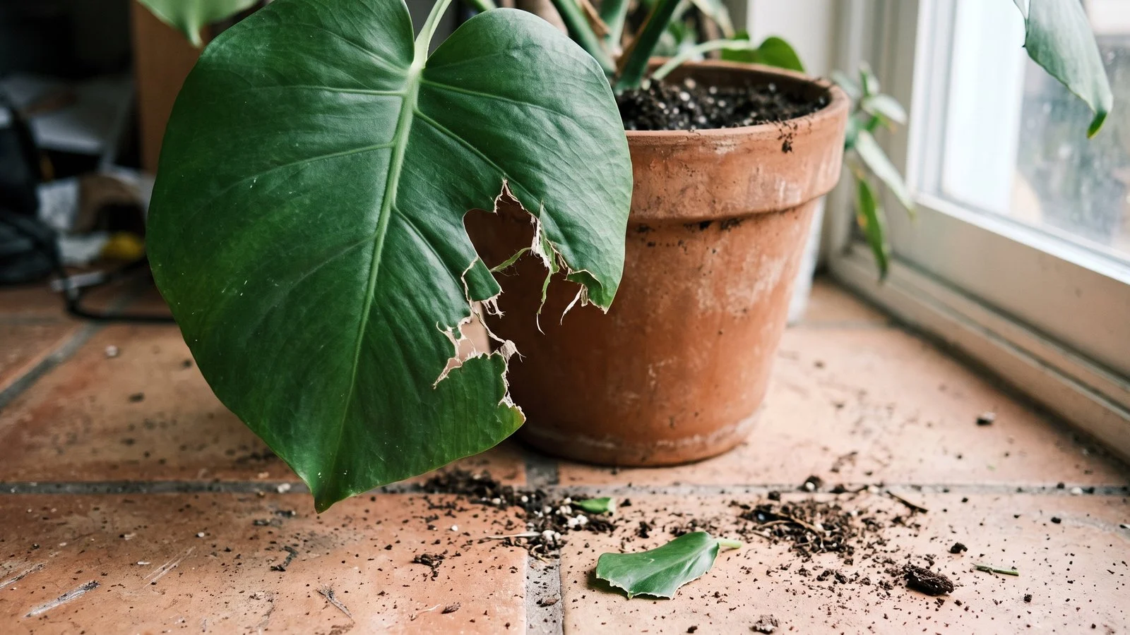 Folha grande de planta com um pedaço arrancado por mordida, ao lado de vaso de barro e terra espalhada no chão.