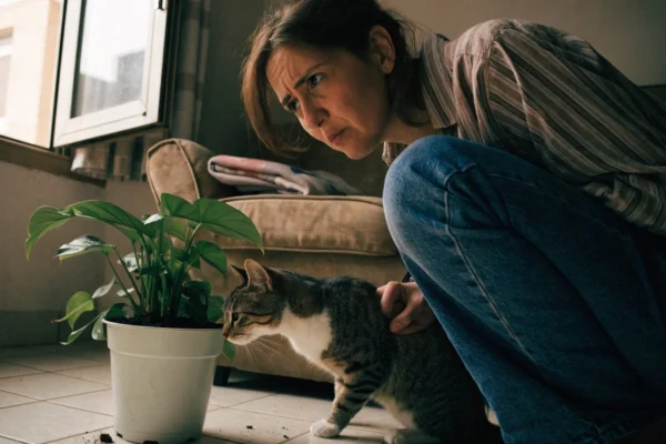 Mulher agachada na sala afastando um gato curioso de um vaso de planta, com terra espalhada no chão de ladrilho.
